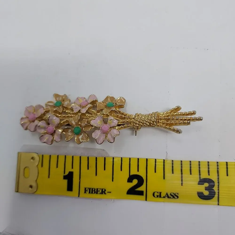 Vintage Floral Brooches Lot of 3 Painted Enamel Gold Tone Retro Victorian Style